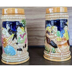 2 Vintage German Beer Steins Embossed Barware Collectibles Made in Japan 7" Tall